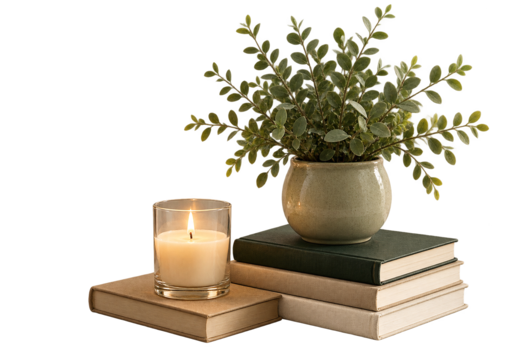 Decorative books, candle, and plant in the lower right