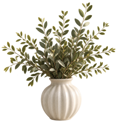 Decorative vase and foliage in the lower left