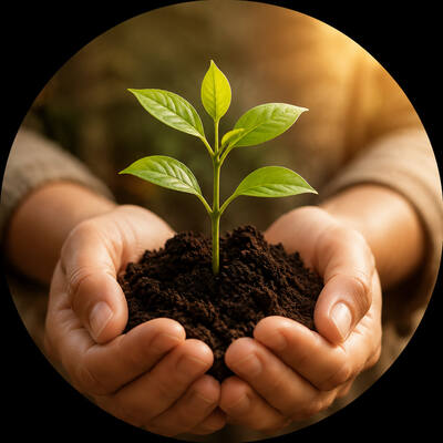 Hands holding a seedling